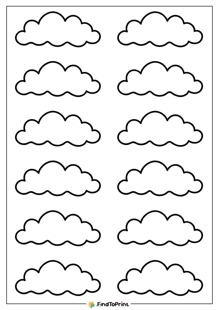 Printable cloud template displaying twelve identical cloud outlines with scalloped bottoms arranged in a grid on a white background, ideal for crafting, classroom decorations, or creative projects.