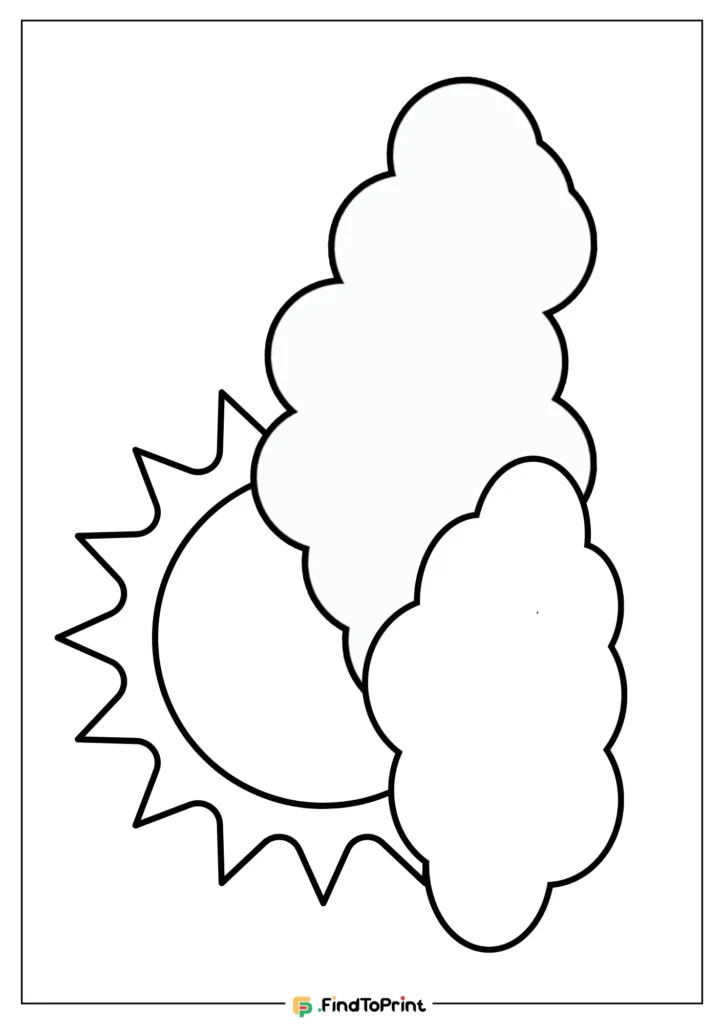 Cloud template to print featuring a stylized sun partially obscured by two fluffy clouds, outlined in black on a white background, ideal for craft projects or educational activities.