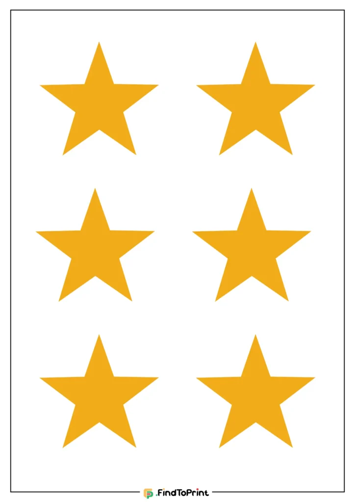 A free printable template featuring six evenly spaced yellow five-pointed stars arranged in two rows of three.