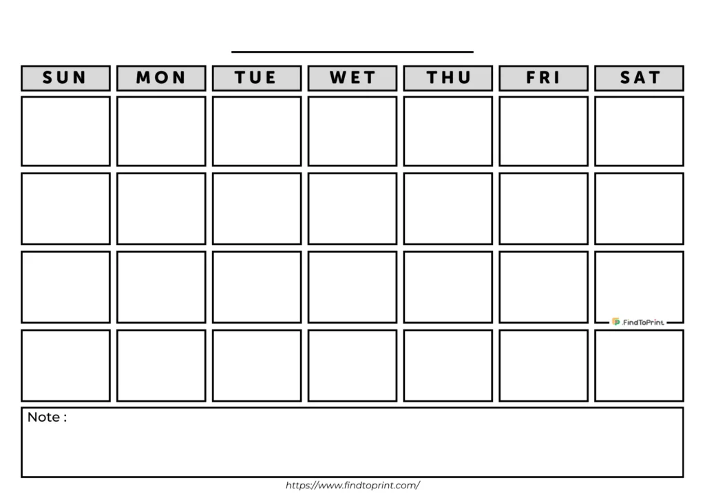 A blank monthly calendar template with seven columns labeled Sunday through Saturday and five rows of empty boxes for dates.