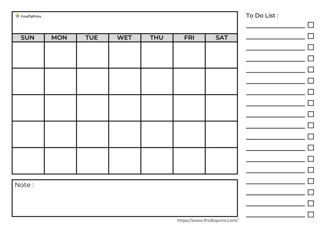 A printable blank calendar template with a five-row grid for organizing dates.