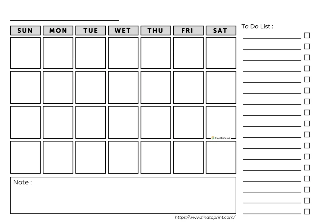 A blank monthly calendar template with a five-row grid for dates.