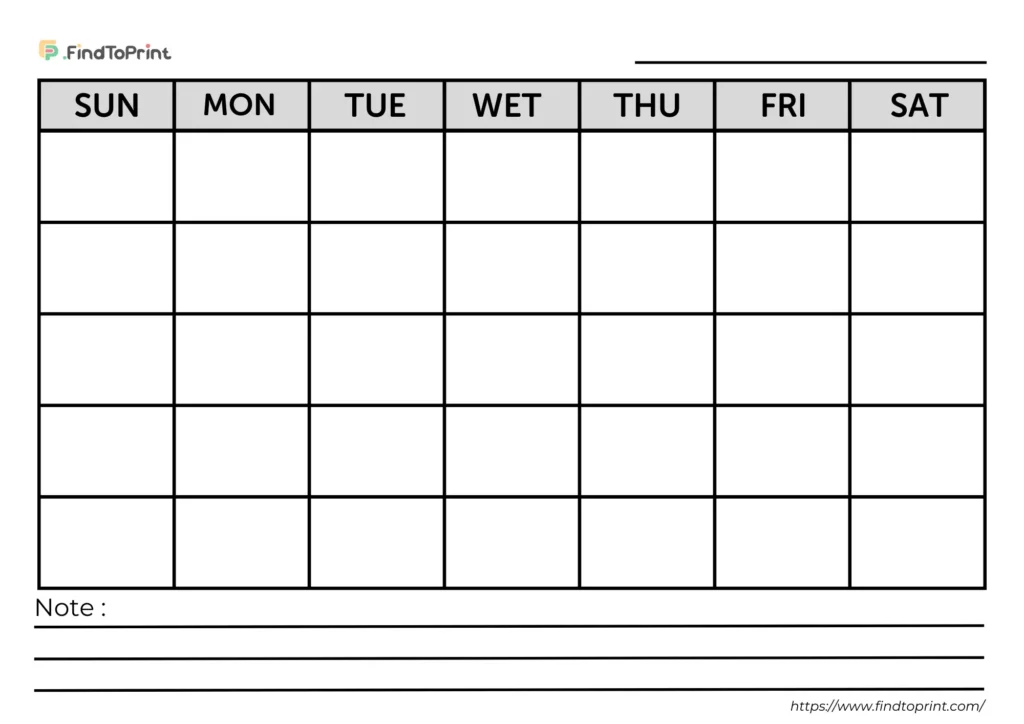 A free printable blank monthly calendar template with a seven-column layout labeled Sunday to Saturday.