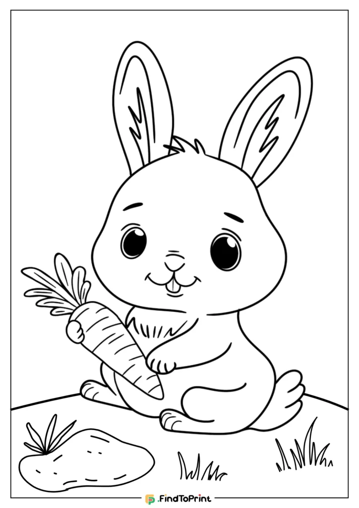 Cute bunny sitting on the ground holding a big carrot, with a patch of grass and a buried carrot nearby.