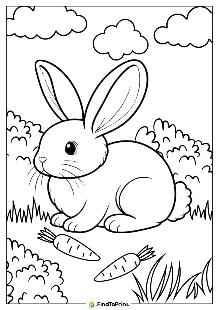 Free printable bunny coloring page featuring a realistic bunny with big eyes and long ears sitting in the grass near two carrots.