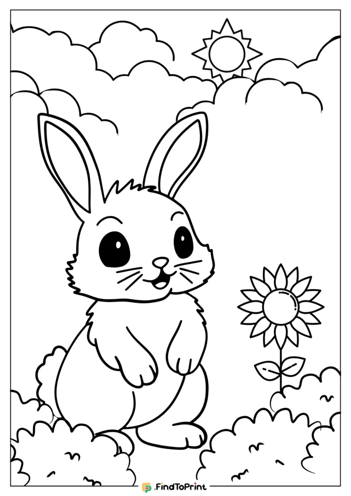 Smiling bunny standing on hind legs next to a sunflower, with fluffy clouds and a sun in the background.
