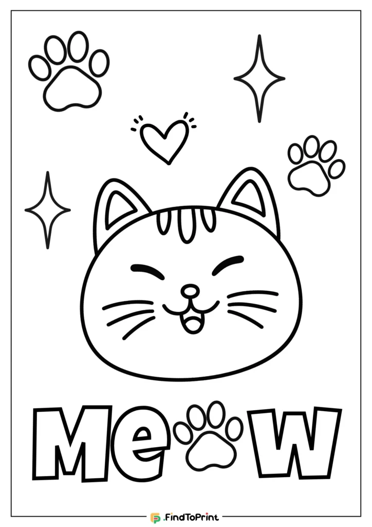 Happy cartoon kitten face with closed eyes, surrounded by stars, hearts, and paw prints, with the word “Meow” boldly written at the bottom.