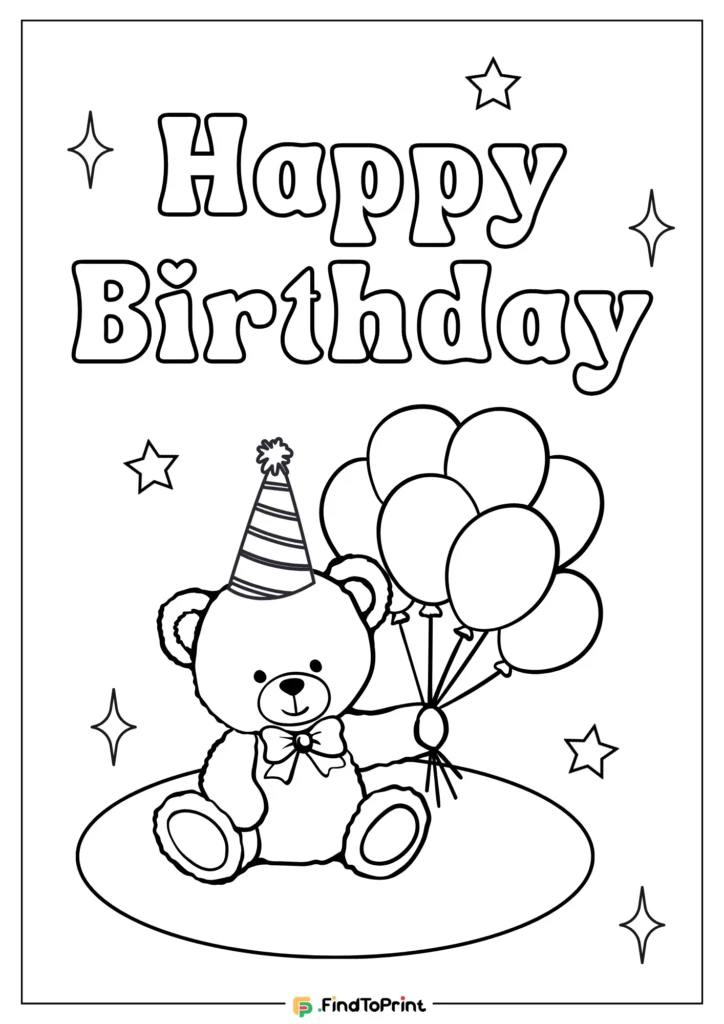 Adorable birthday coloring page featuring a teddy bear wearing a party hat and bow tie, sitting on a rug and holding a bunch of balloons.