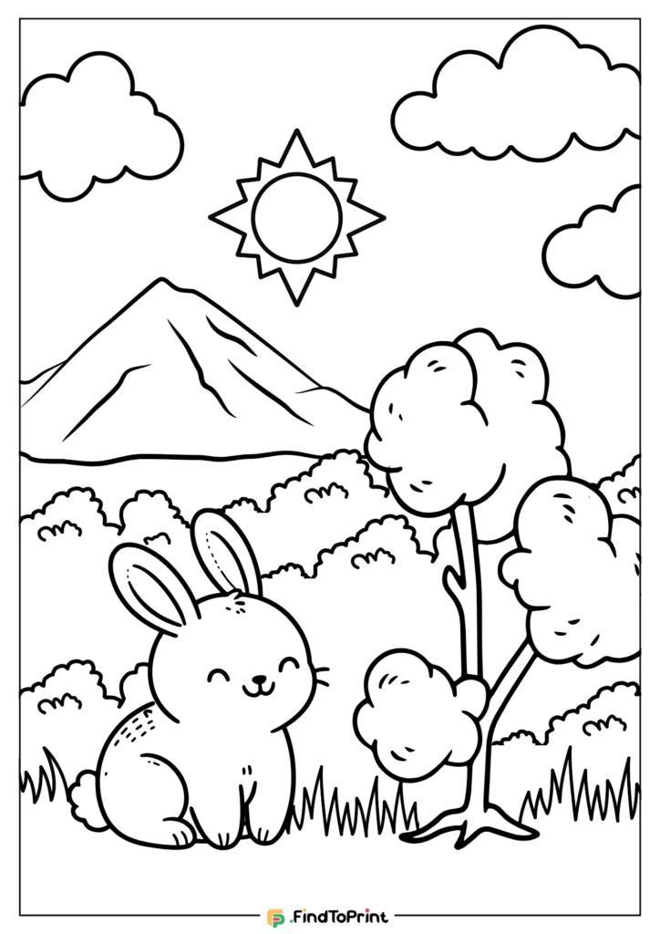 Black and white printable coloring page featuring a cute, smiling bunny sitting in a grassy meadow. The background includes a tree, fluffy bushes, a mountain, clouds, and a bright sun, perfect for kids looking for easy bunny coloring pages.