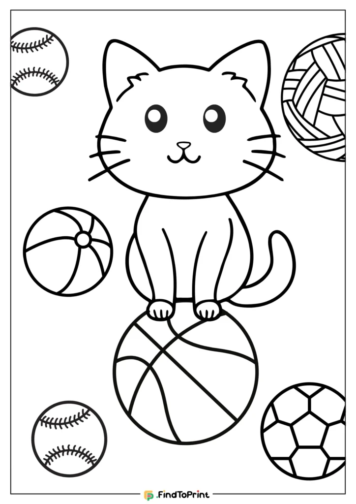 Cute kitten sitting on a basketball, surrounded by various sports balls including a soccer ball, volleyball, beach ball, and baseballs.