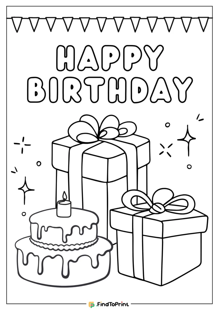 Free birthday coloring picture featuring a two-layer birthday cake with a candle, two large wrapped gift boxes with bows, festive sparkles, and “Happy Birthday” text under a pennant banner.