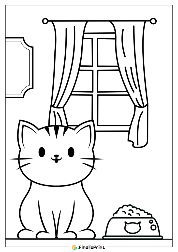 Cute kitten sitting indoors next to a full food bowl, with a curtained window and framed wall decor in the background.
