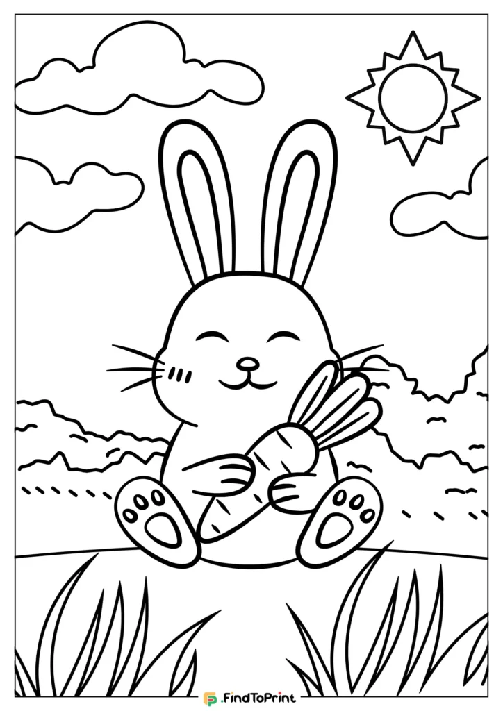 Adorable cartoon bunny holding a large carrot while sitting in a field, surrounded by grass, hills, clouds, and a shining sun.