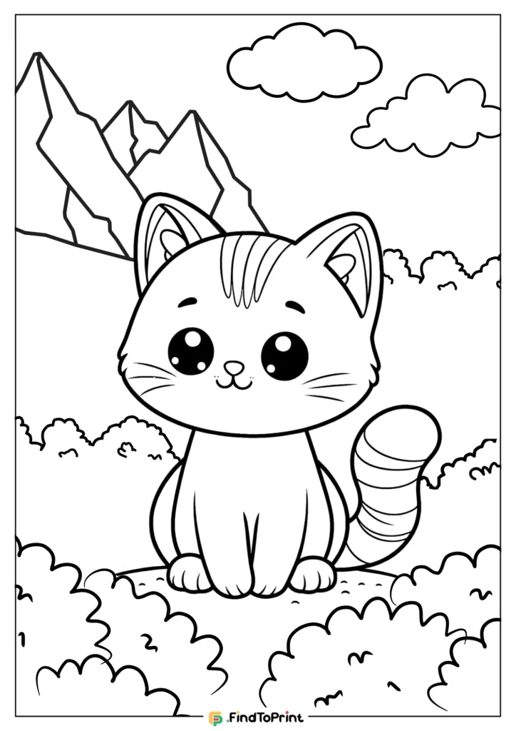 Cute cartoon kitten with big sparkling eyes and a striped tail sitting among bushes, with mountains and fluffy clouds in the background.
