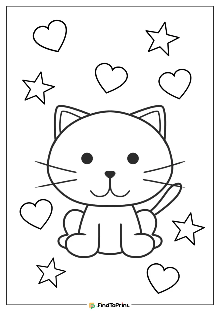 Simple cartoon kitten sitting happily with hearts and stars floating around, perfect for young children to color.