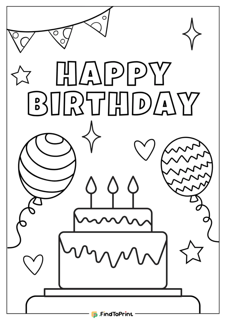 Black and white happy birthday cake coloring page featuring a layered birthday cake with three candles, surrounded by balloons, stars, hearts, and festive bunting.