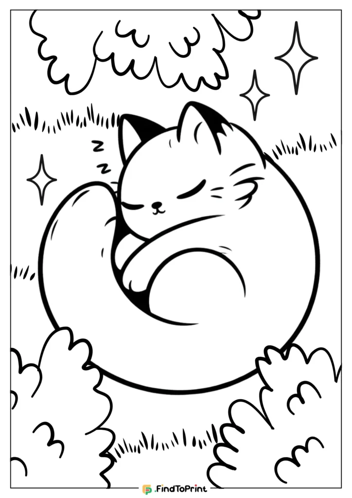 Adorable cartoon kitten curled up asleep with a peaceful expression, surrounded by bushes, stars, and grass in a tranquil outdoor setting. 