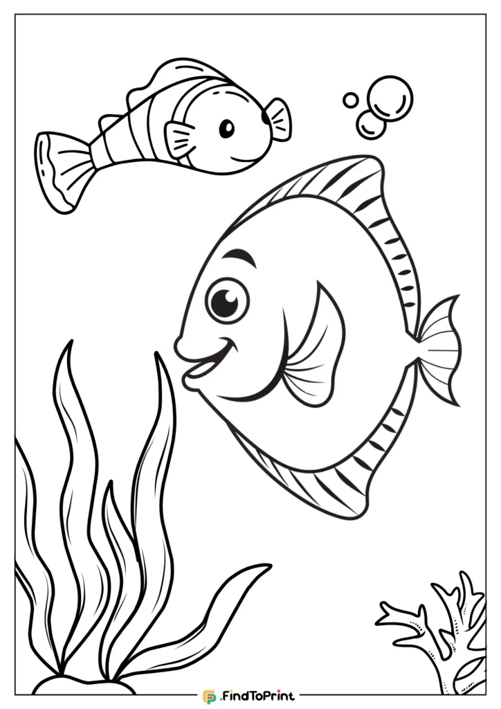 Fish coloring page free download featuring two cheerful cartoon fish swimming above seaweed and coral, with bubbles rising in the background.