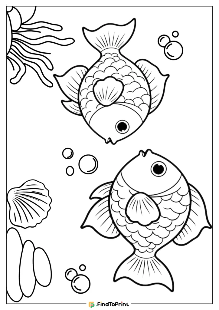 Fish coloring page free printable featuring two cartoon fish with scalloped scales swimming among bubbles, seashells, and underwater plants.