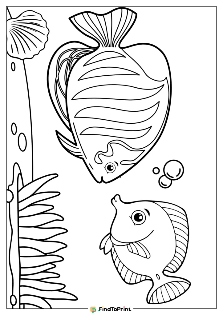 Fish coloring page for preschool featuring two friendly cartoon fish with stripes and simple shapes, swimming near bubbles, seashells, and sea plants.