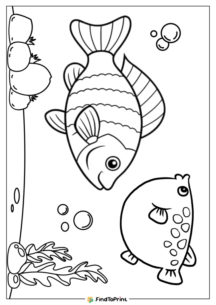 Fish printable coloring page showing two playful cartoon fish, one with stripes and the other with spots, surrounded by underwater bubbles, plants, and seaweed.
