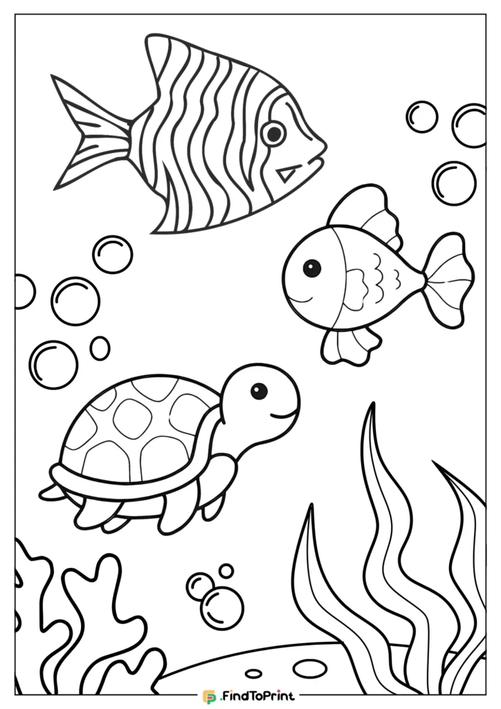 Free fish coloring printable is perfect for kids and includes simple marine life outlines ready to be colored in.