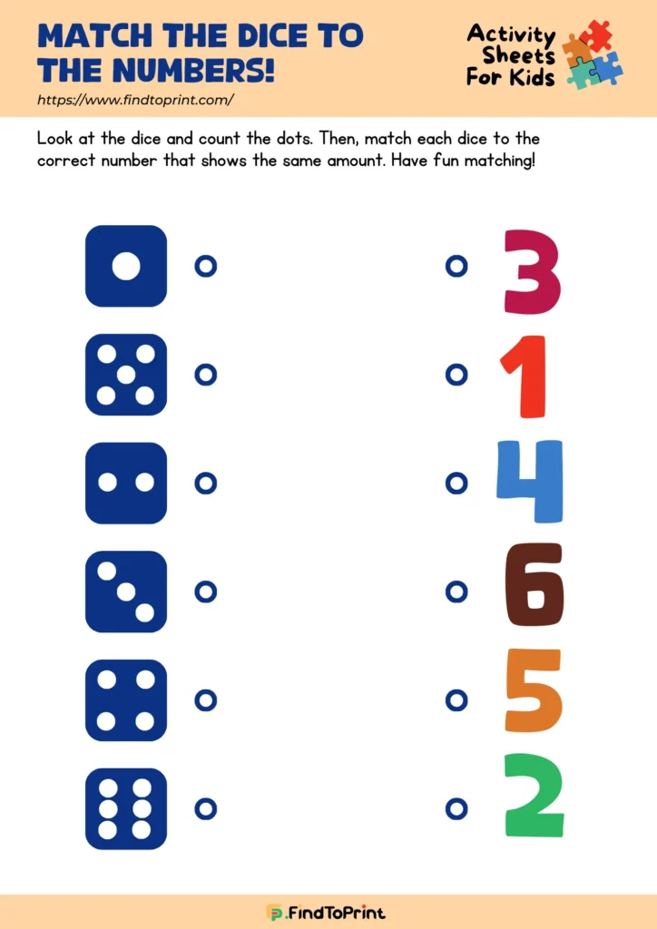 A fun number practice sheet for kids titled "Match the Dice to the Numbers," featuring six blue dice with different dot patterns to be matched with colorful numbers 1 through 6.