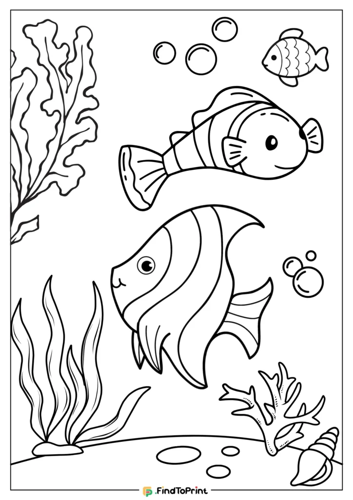 Printable fish coloring page featuring three cartoon fish swimming among seaweed, coral, bubbles, and a seashell on the ocean floor.
