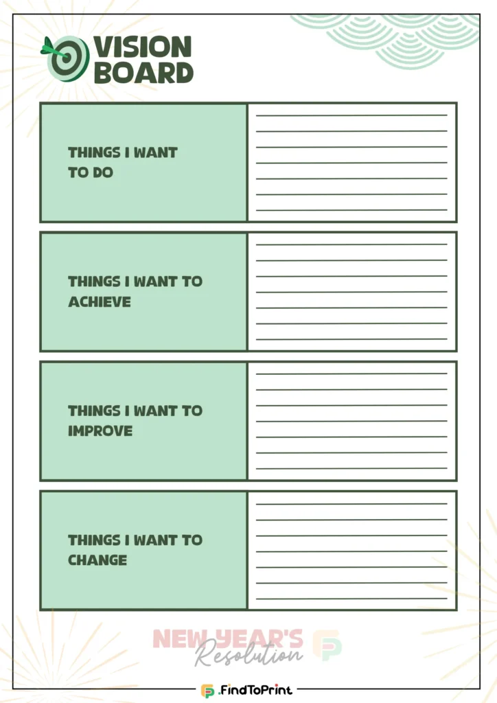 Green and white printable New Year's resolution sheet titled "Vision Board," divided into four sections: Things I Want to Do, Things I Want to Achieve, Things I Want to Improve, and Things I Want to Change, each with blank lines for writing goals.