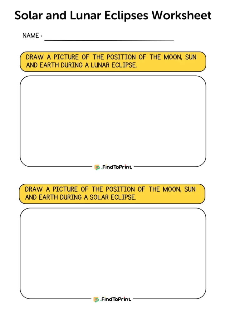 Printable Solar Lunar Eclipse Worksheet with two large blank boxes for students to draw the positions of the Sun, Moon, and Earth during lunar and solar eclipses.