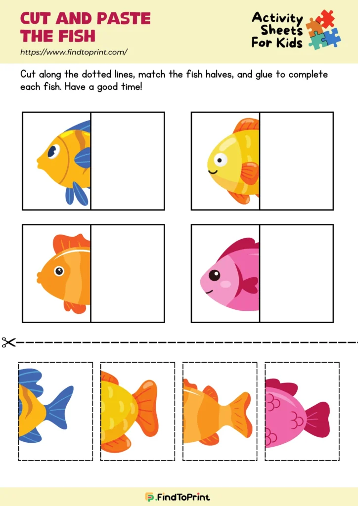 A colorful worksheet cut and paste activity featuring four fish with missing tail halves.