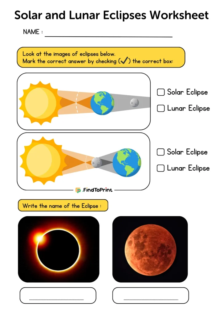 Colorful Worksheet on Solar and Lunar Eclipse designed for students, featuring diagrams of eclipse types and real images of an eclipsed sun and moon.