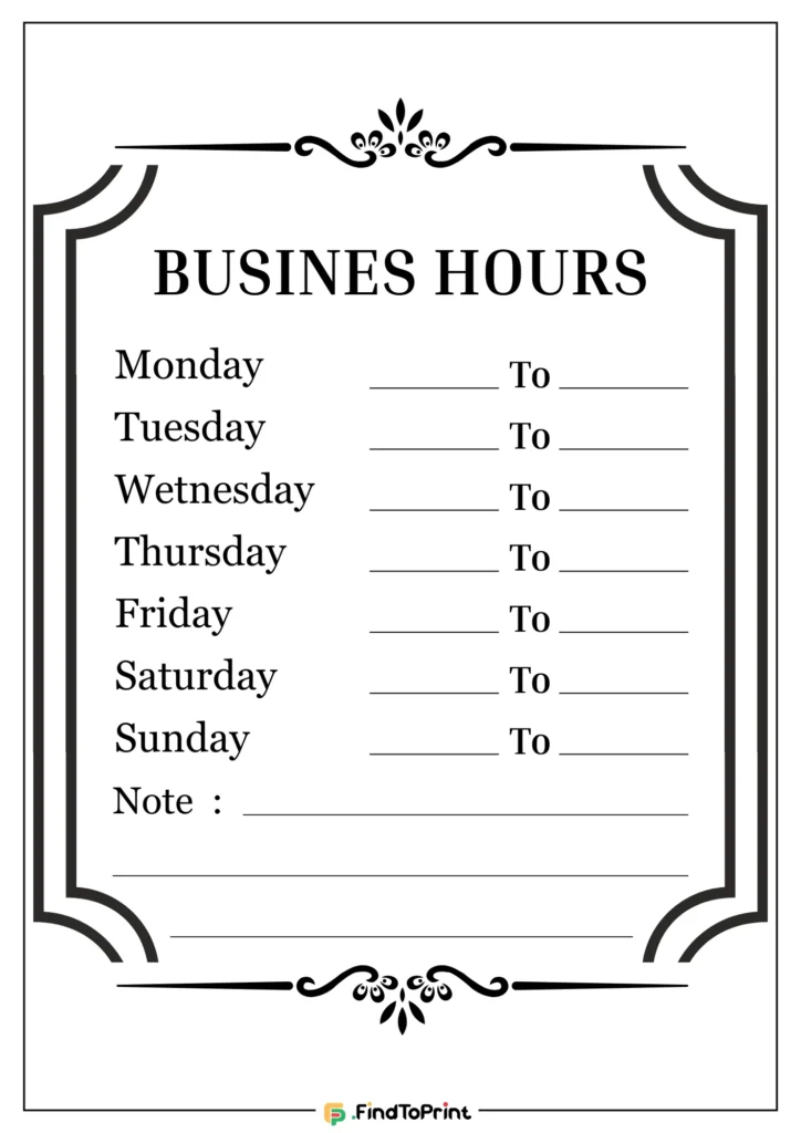 Printable business hours sign template with vintage black border design.