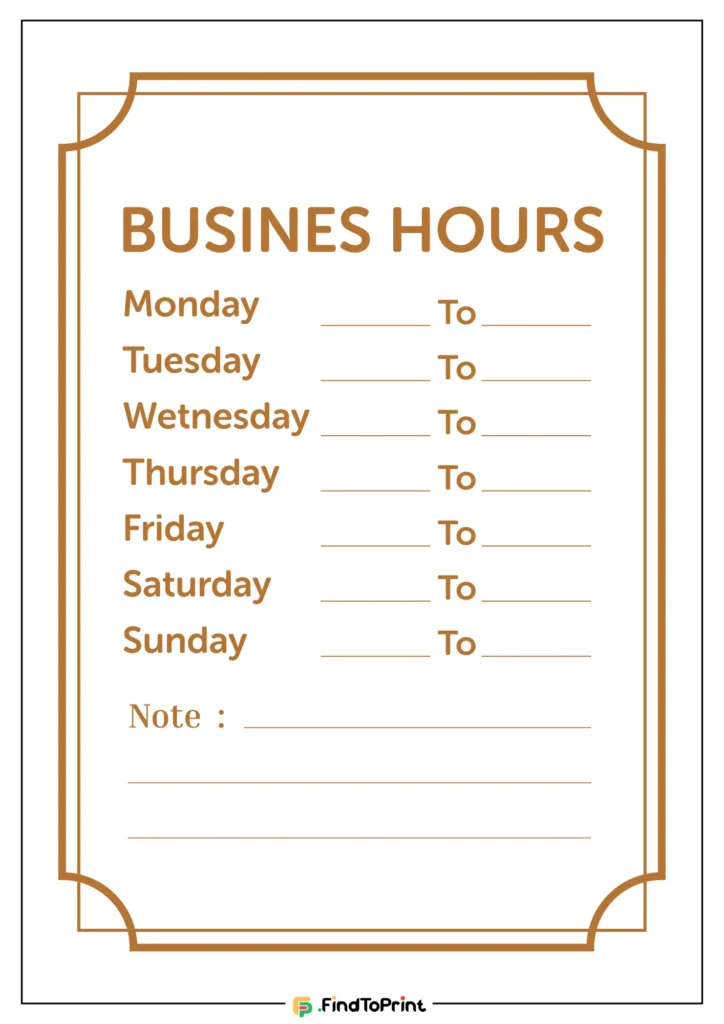 Printable business hours sign template in minimalist brown design.