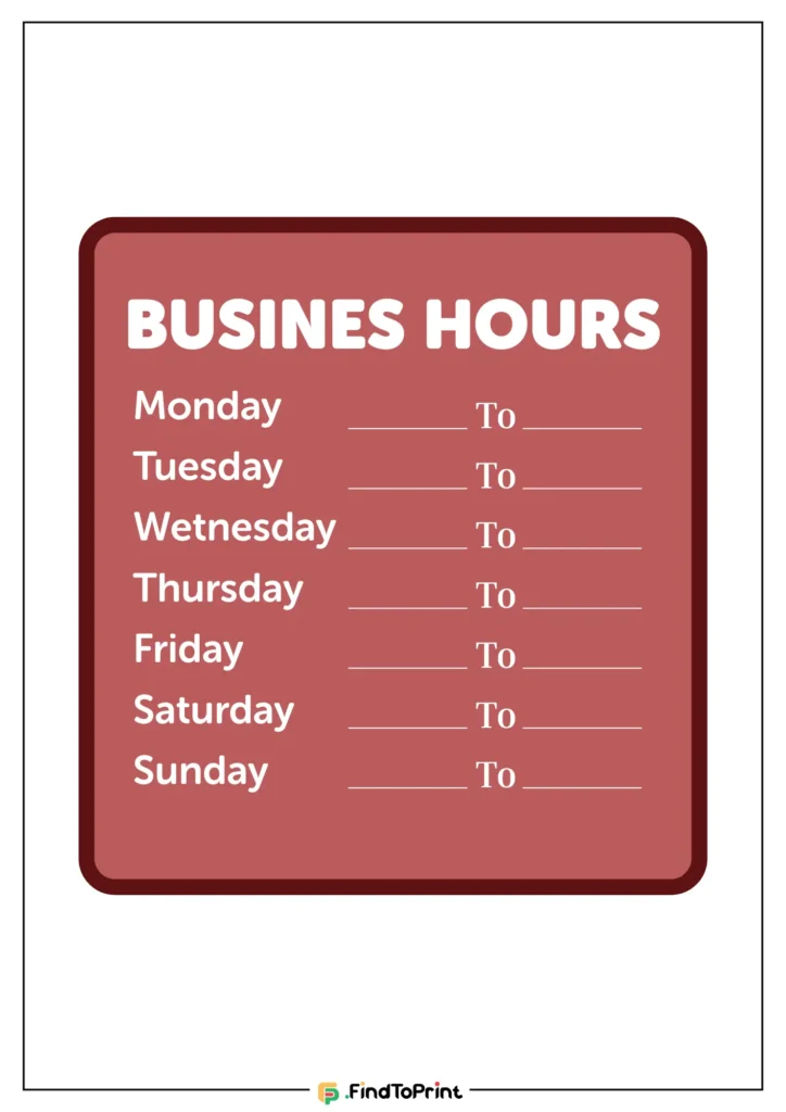 Red business hours sign template for printable shop display.