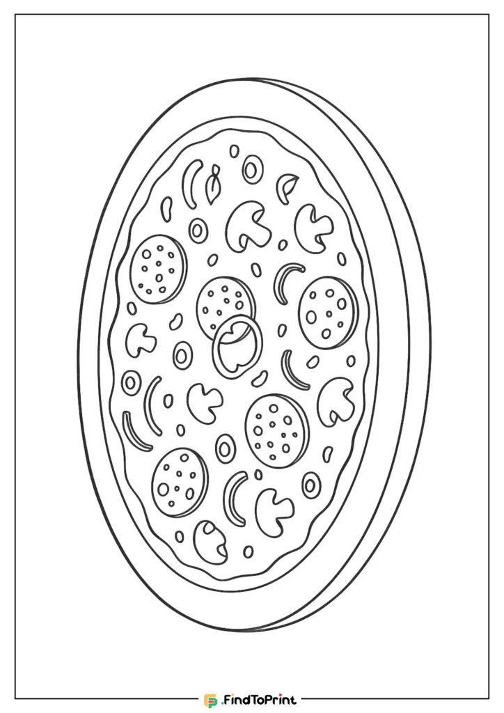 Printable pizza coloring page with mushrooms and pepperoni toppings.