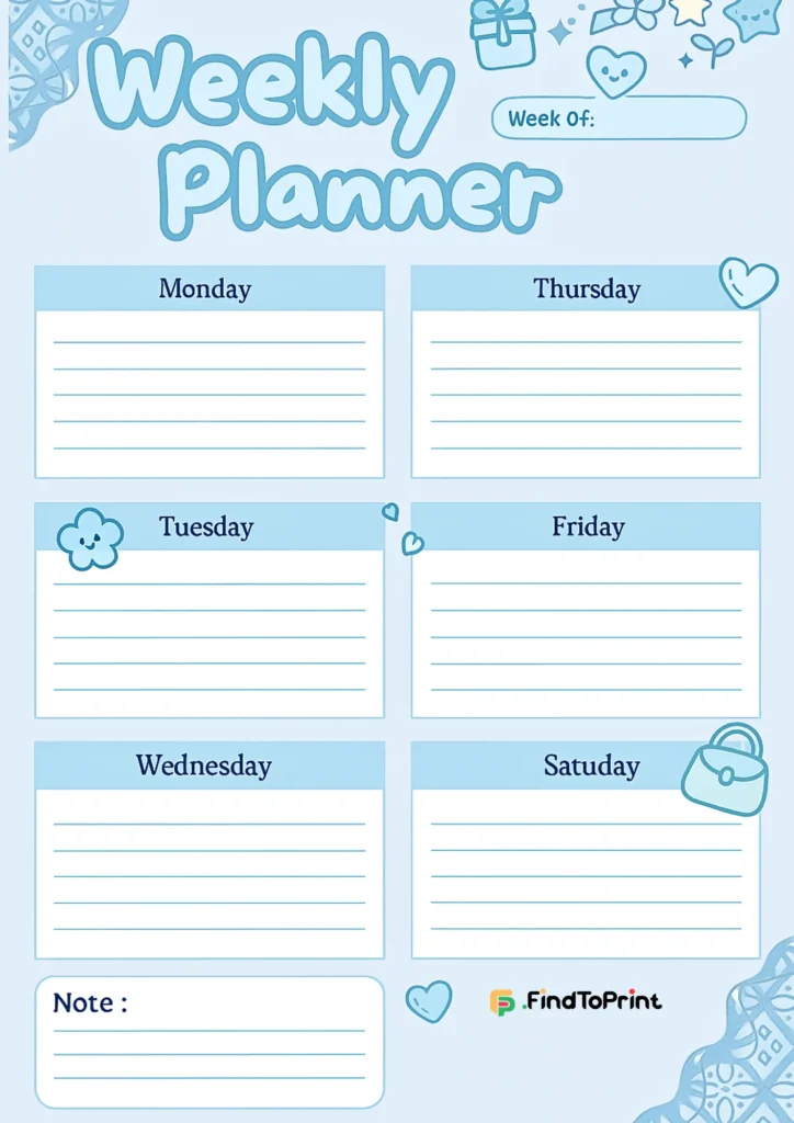 Cute blue weekly planner printable with pastel icons and lined boxes for each day.