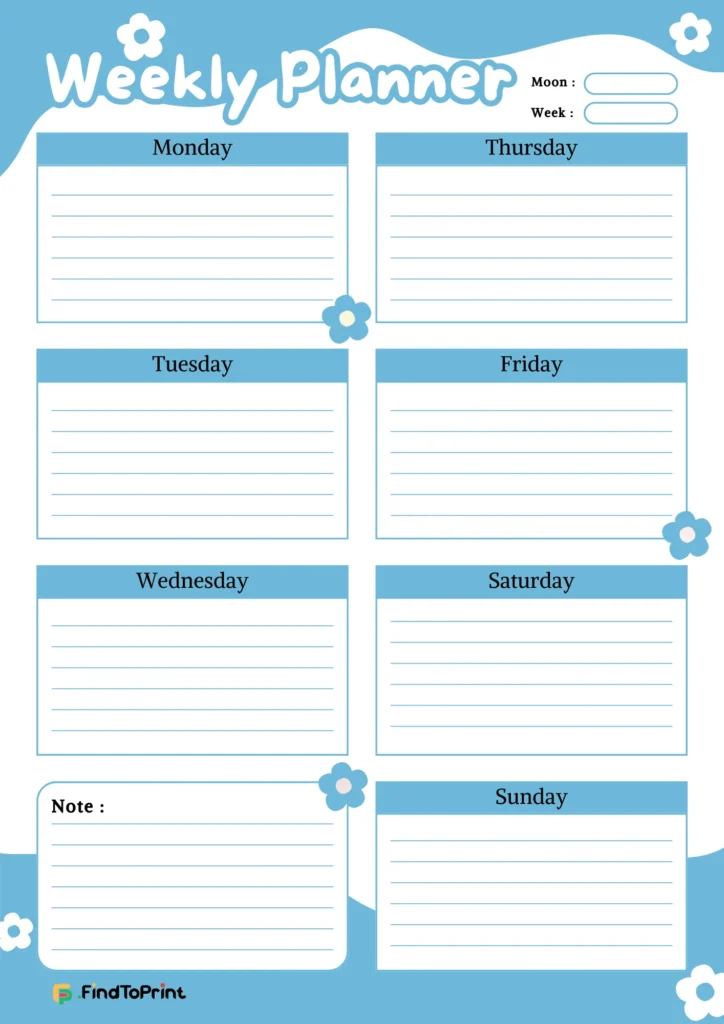 Light blue cute weekly planner printable with flower accents and note section.