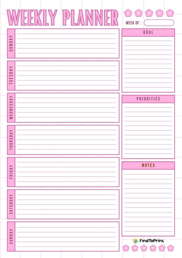 Pink vertical weekly planner template with sections for goals, priorities, and notes.