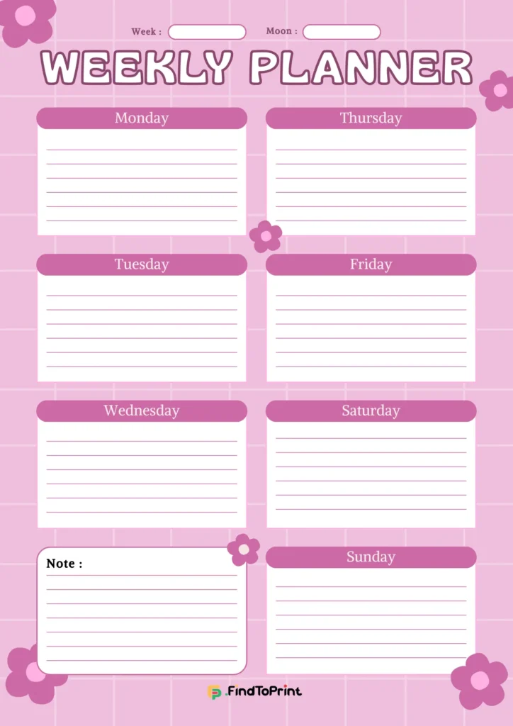 Pink cute weekly planner with rounded boxes for each day and floral decorations.