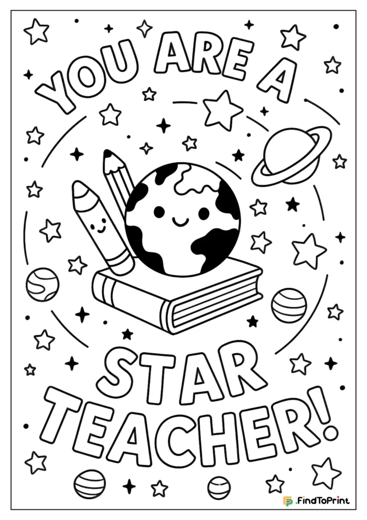 You are a star teacher coloring page with smiling earth, pencils, and stars.