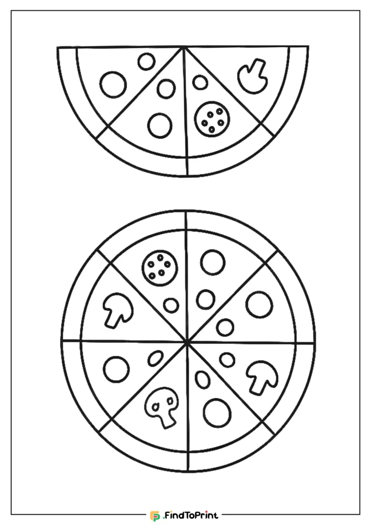 Printable pizza coloring sheets showing whole and half pizza designs.