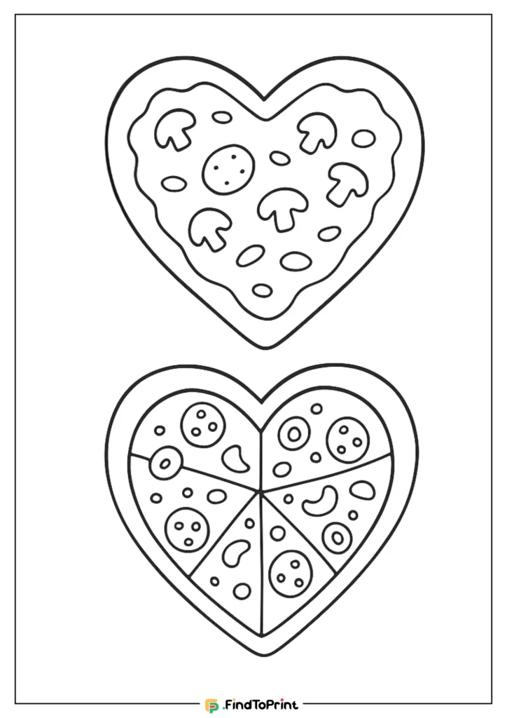 Two heart-shaped pizza coloring pages for kids to print and color.
