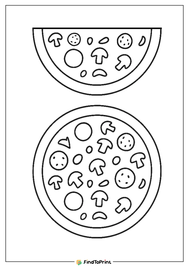 Simple pizza coloring pages printable with whole and half pizza designs.