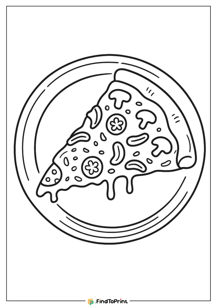 Pizza slice on a plate coloring page printable for kids and food lovers.