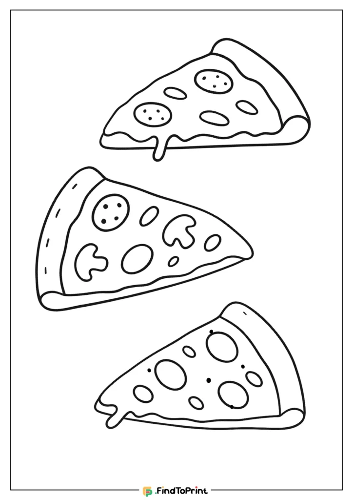 Printable coloring page featuring three pizza slices with toppings.