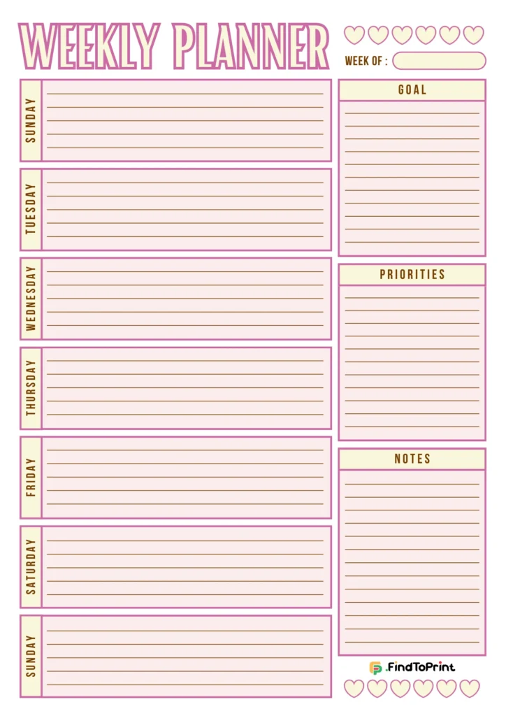 Pastel pink weekly planner printable featuring goal and notes sections with heart icons.