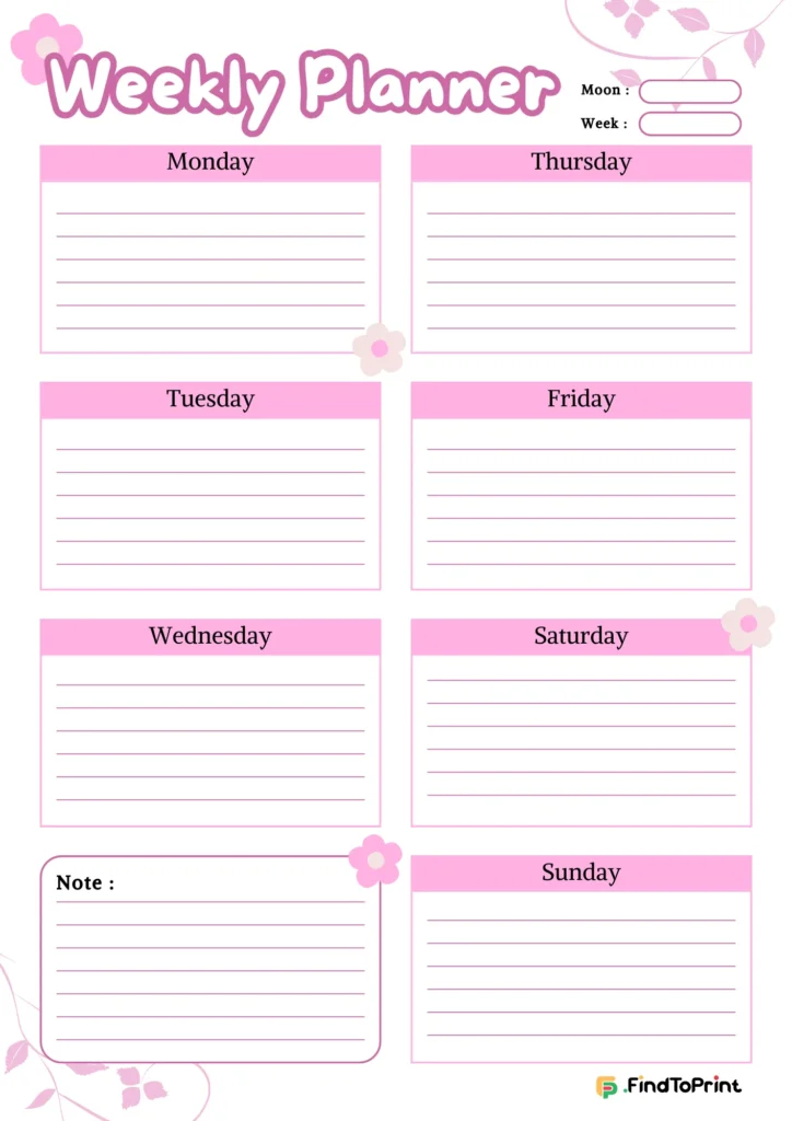Light pink cute weekly planner template with floral accents and seven daily boxes.