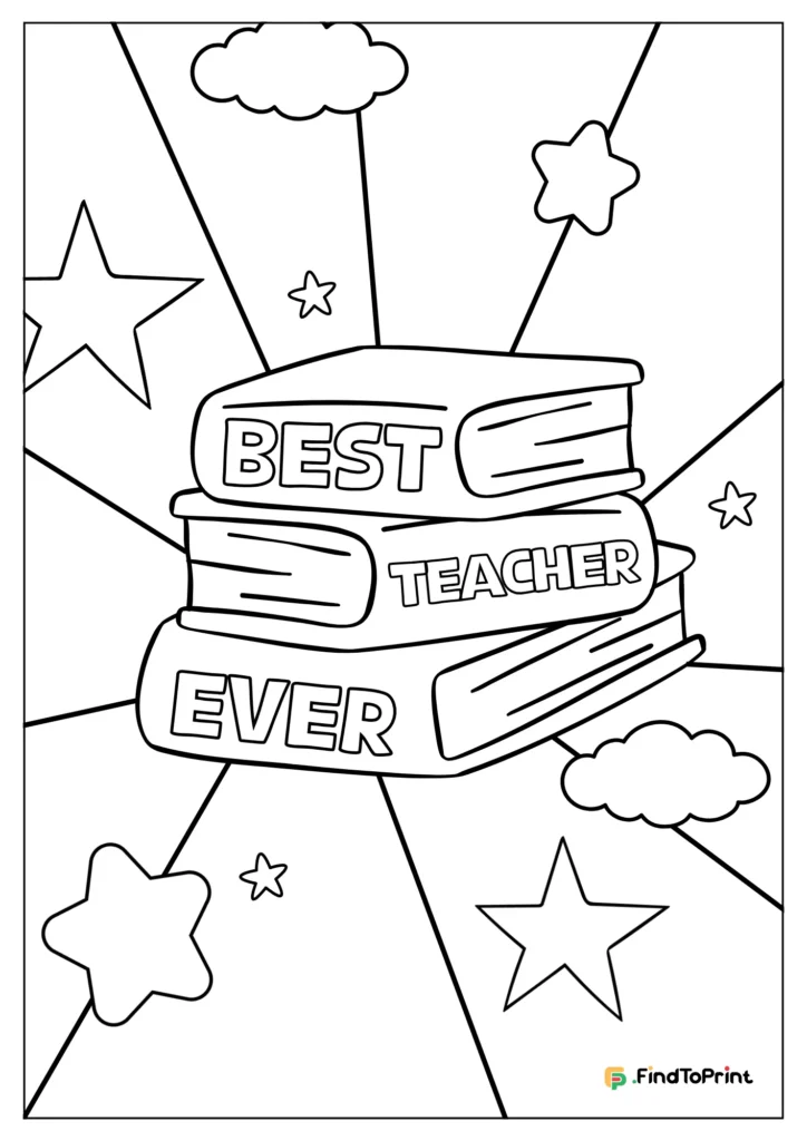Best teacher ever coloring page with stacked books and stars.