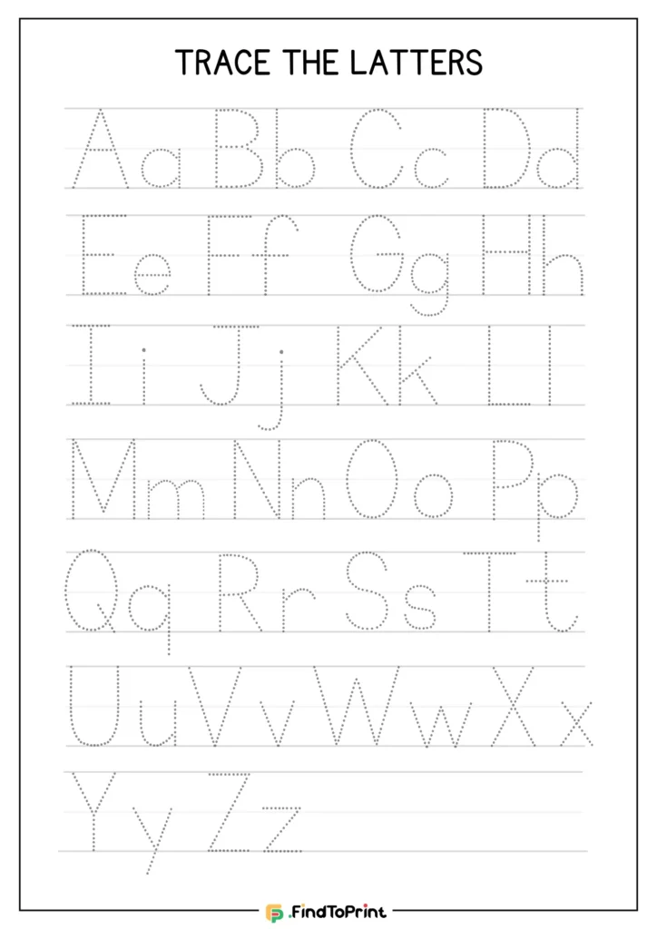 Printable alphabet tracing worksheet with uppercase and lowercase A to Z letters.